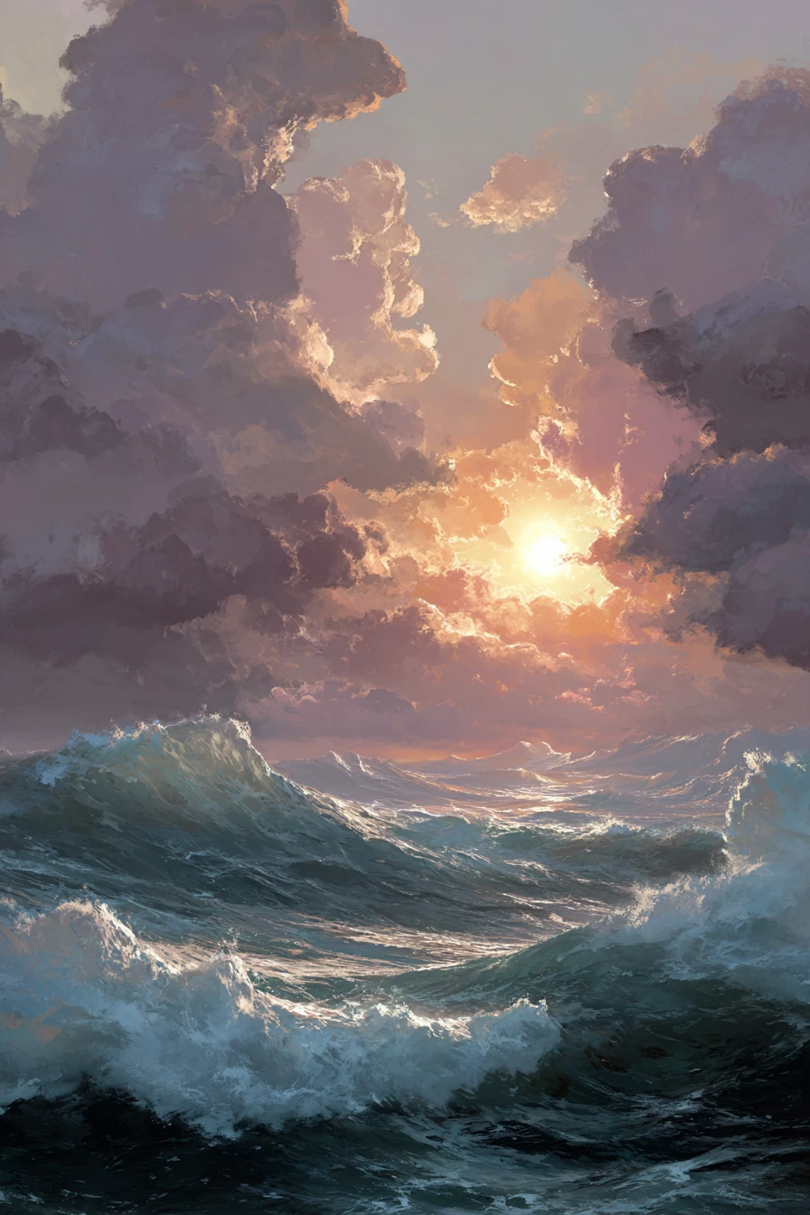 Pôr do sol sobre ondas dramáticas do oceano com horizonte brilhante