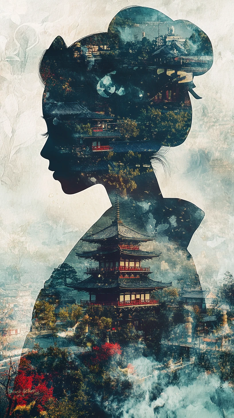 Profilo sereno di geisha con scena surreale di shogun in doppia esposizione
