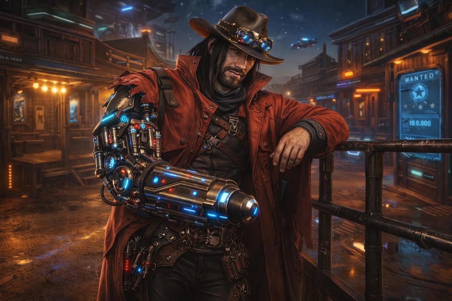Cowboy cibernético relaxado em uma rua oeste futurista