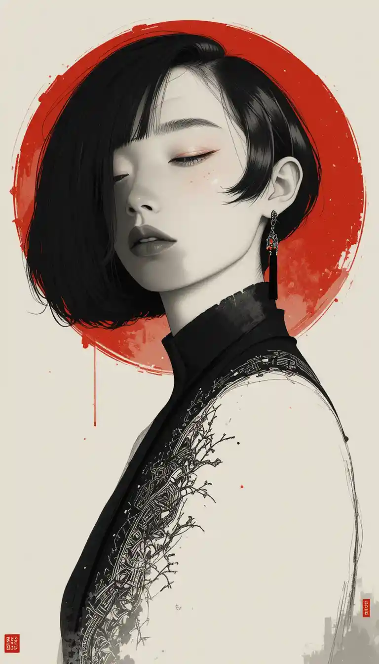 Retrato elegante de mulher com círculo vermelho e sombras negras