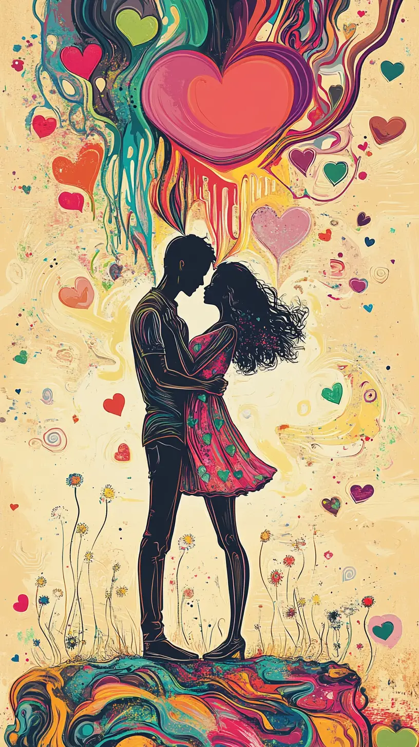 Naive art cupid scene with sea sunset and romantic symbols