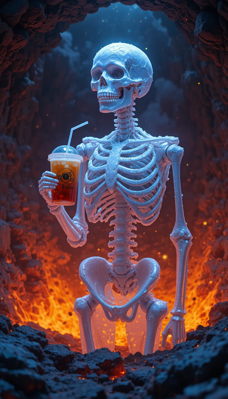 Esqueleto congelado em uma cratera de lava segurando bubble tea