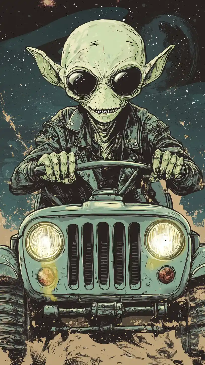 Alien mit Sonnenbrille fährt einen Jeep direkt auf dich zu