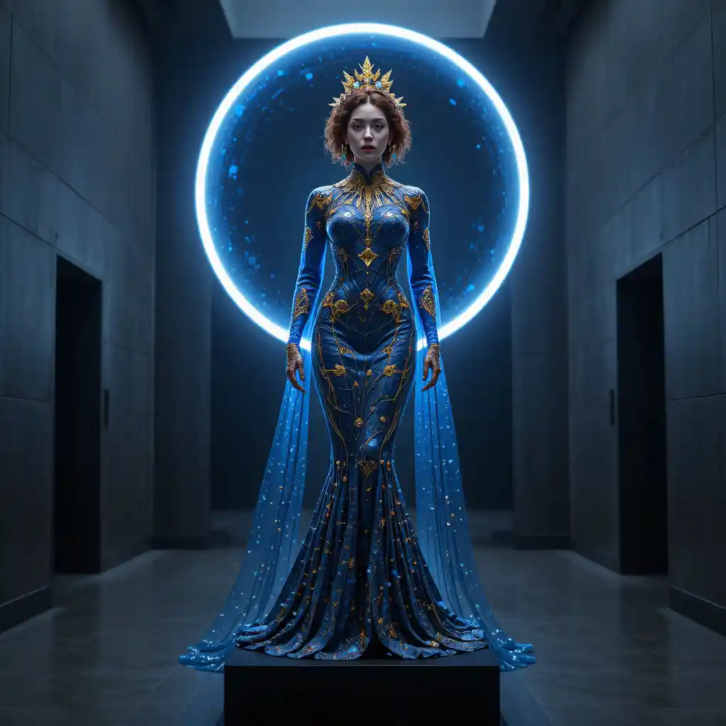 Korean automaton woman on pedestal with glowing cosmic halo