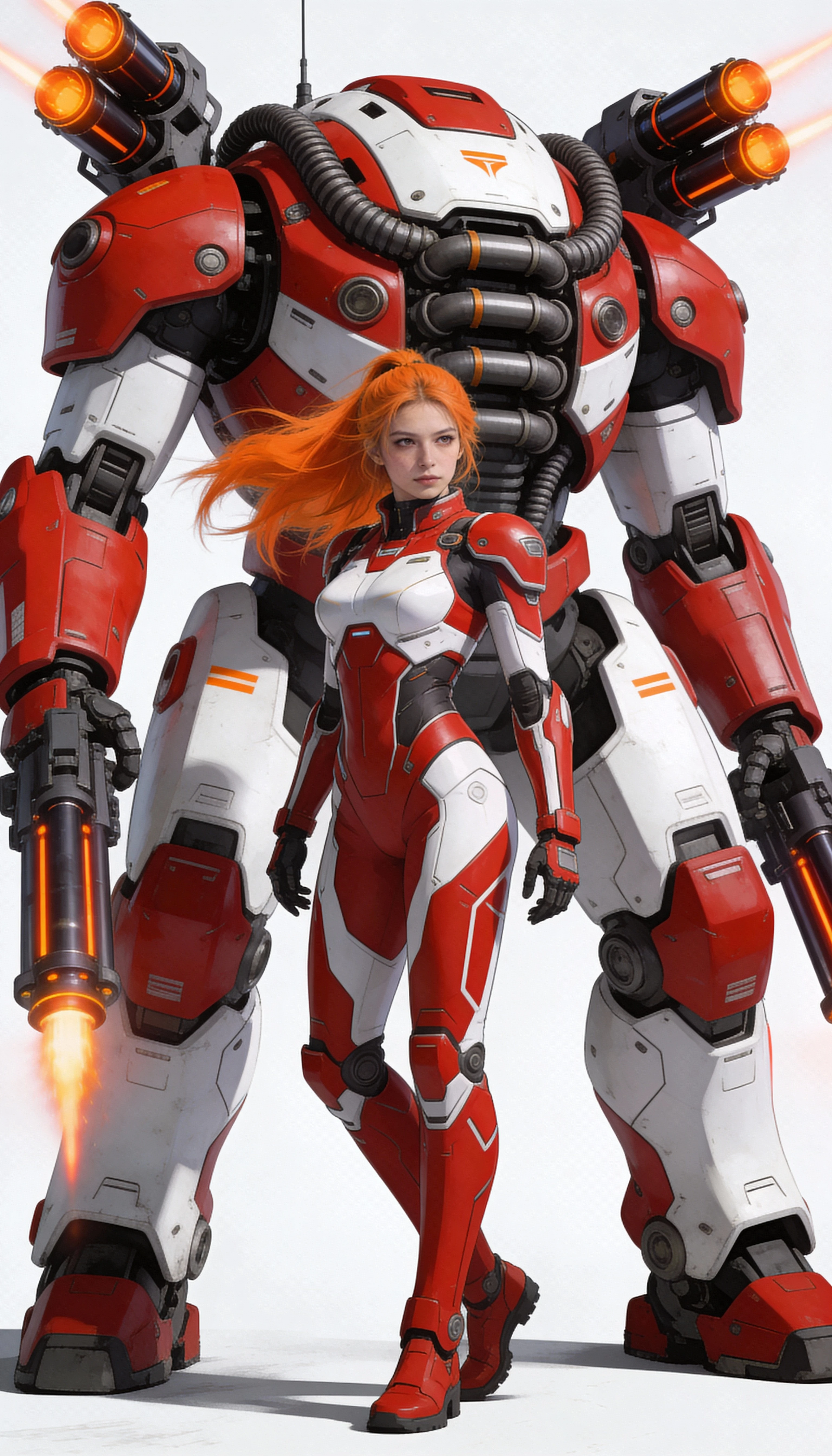 Futuristic warrior with mech in matching red and white armor