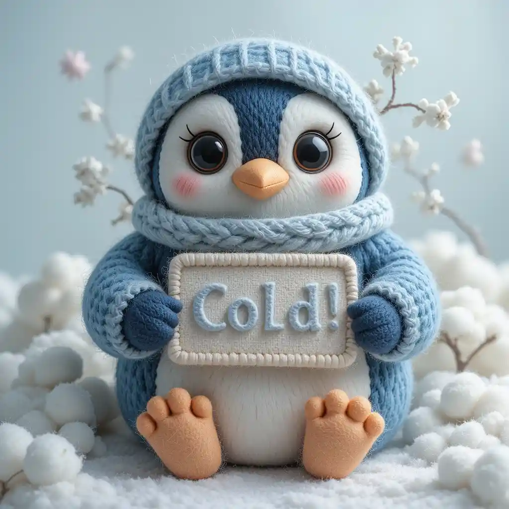 Cute textile penguin shivering in a soft winter scene