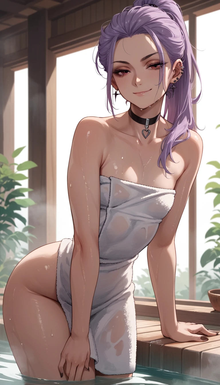 Fille d’anime en serviette penchée en avant dans une salle de bain embrumée