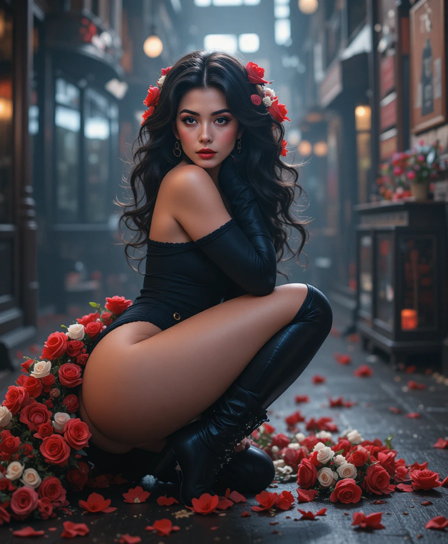 Donna pallida in ginocchio con guanti neri e sfondo floreale rosso