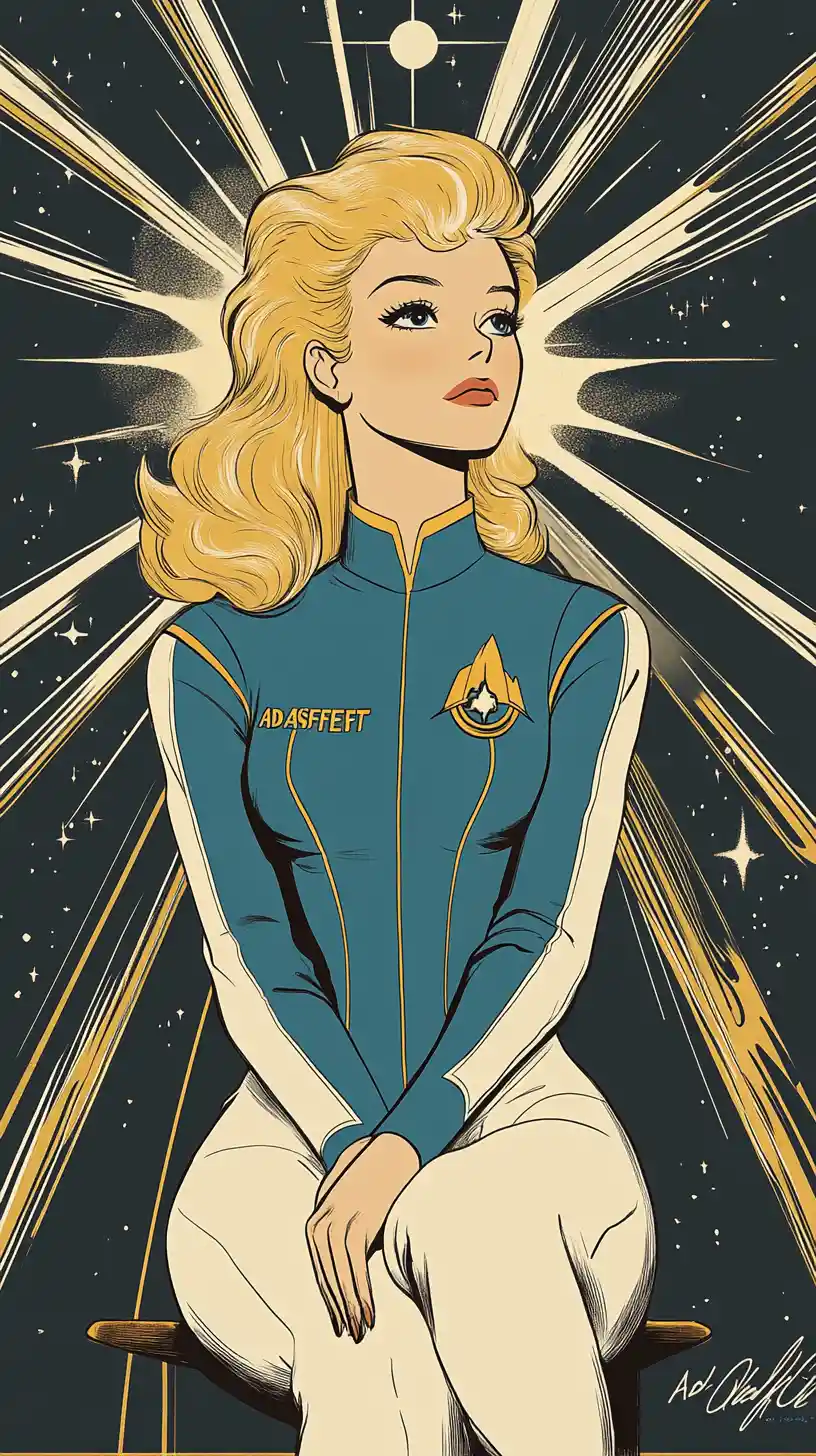 Retro comic woman in starfleet uniform looking to the stars