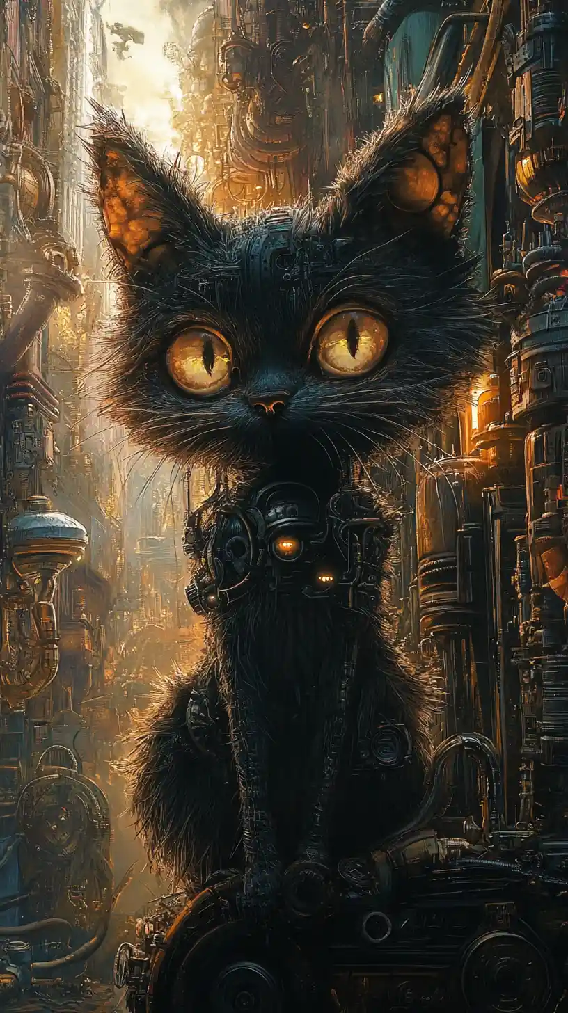 Figure de chat steampunk sombre aux yeux surréalistes et lumineux