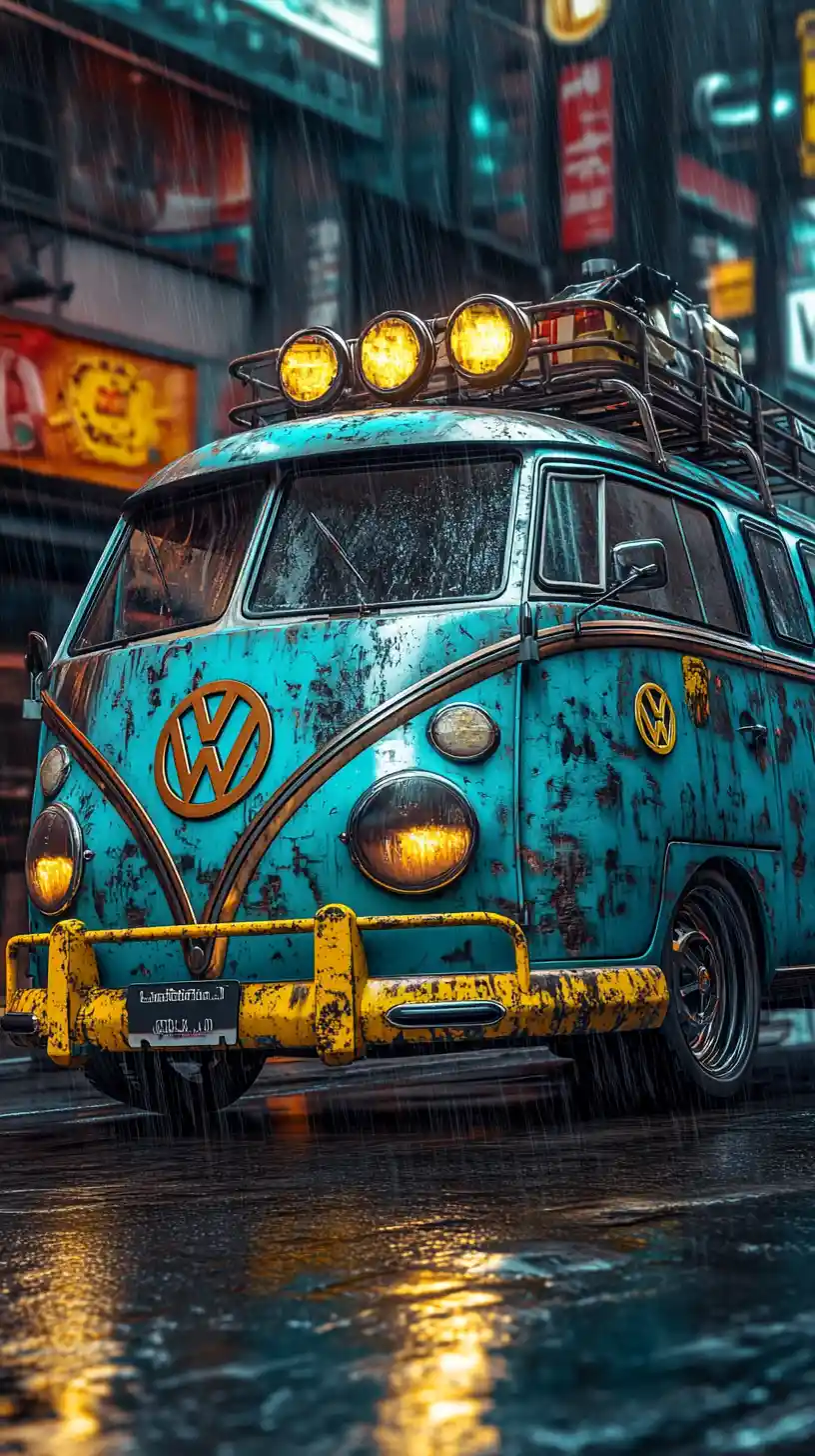Fourgon Volkswagen vintage dans une rue de ville pluvieuse éclairée au néon