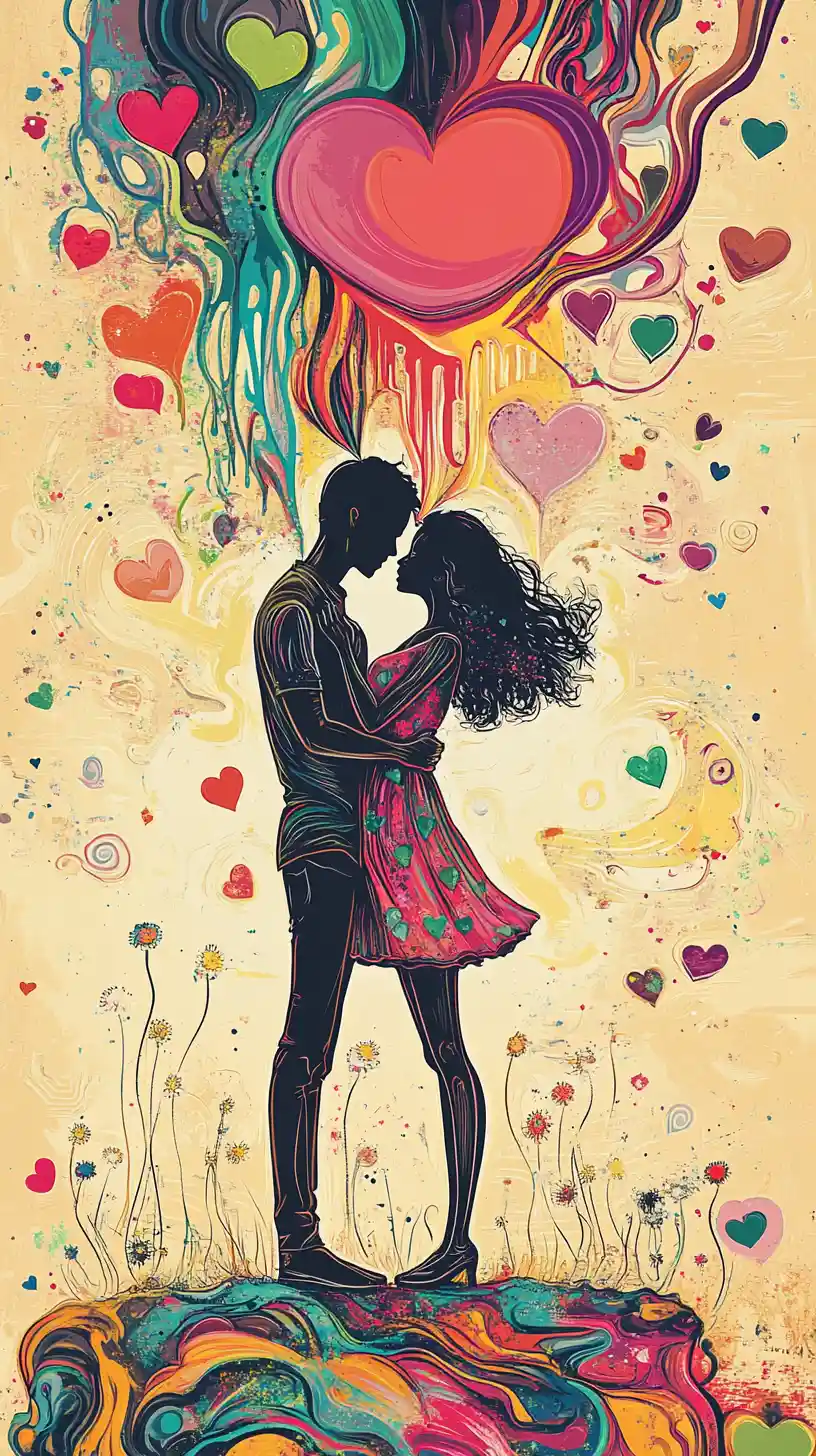 Naive art cupid scene with sea sunset and romantic symbols