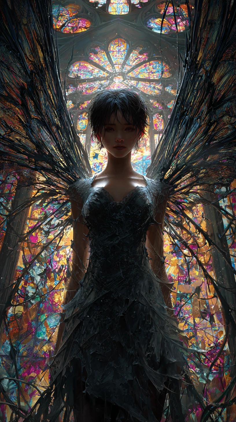 逆光廢墟大教堂中的哥德風天使少女
