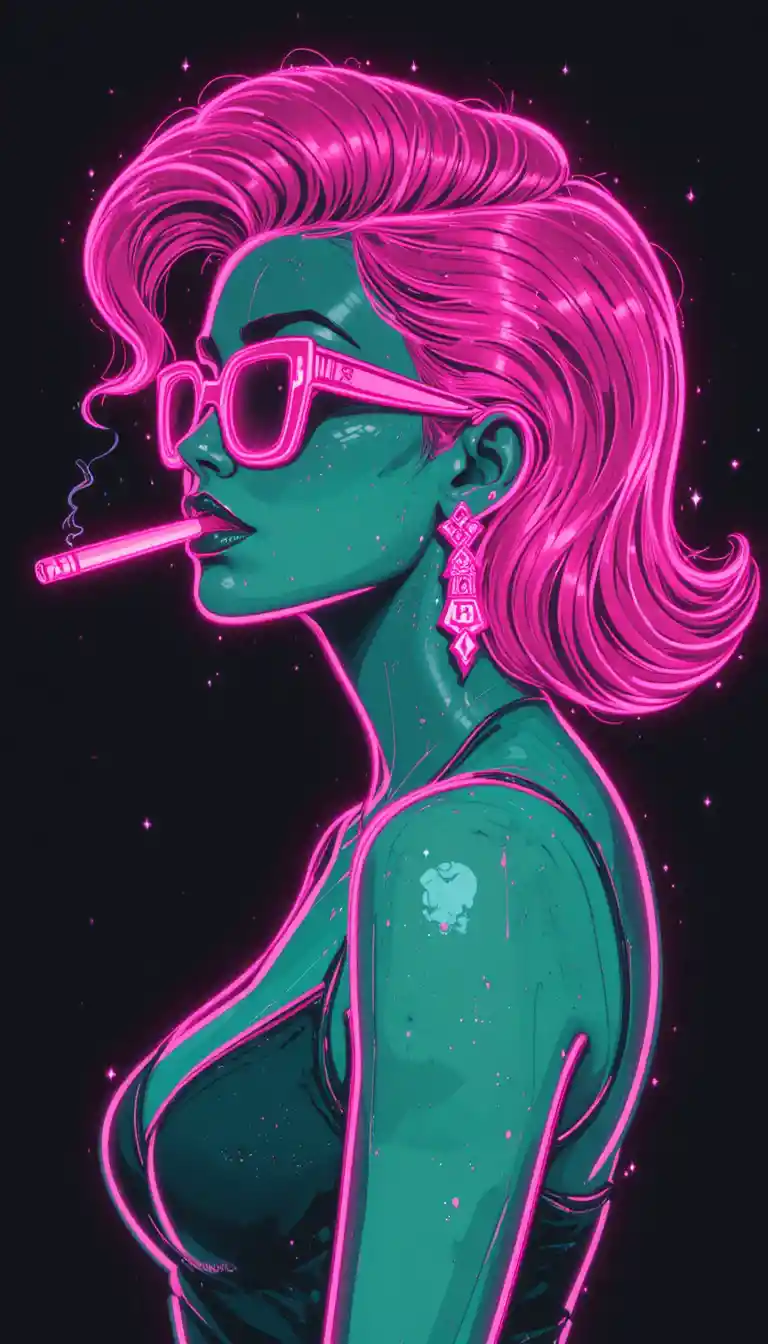 Neon profile portrait of a woman with pink hair