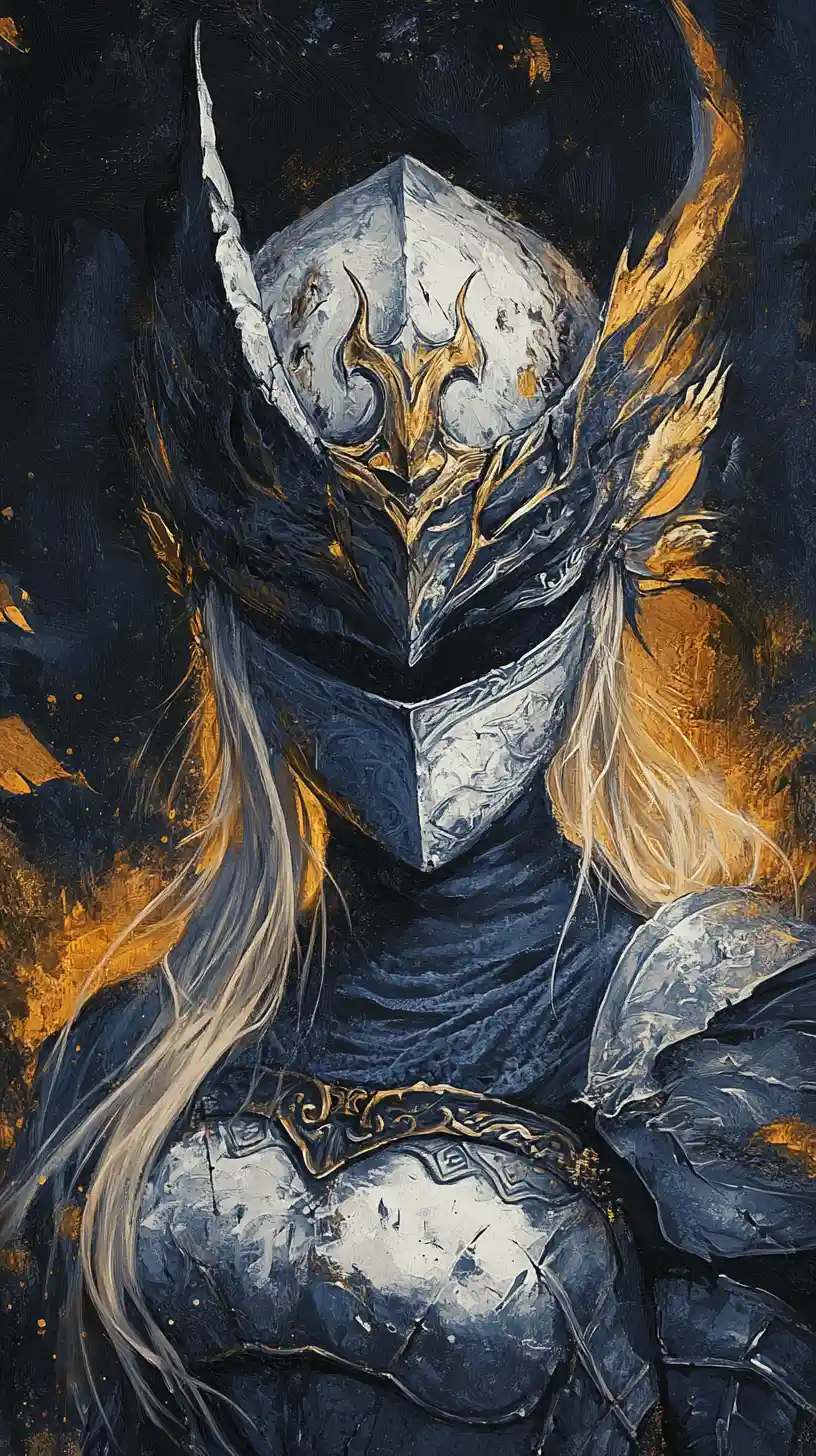Battered warrior woman with mask in mystical fantasy realm