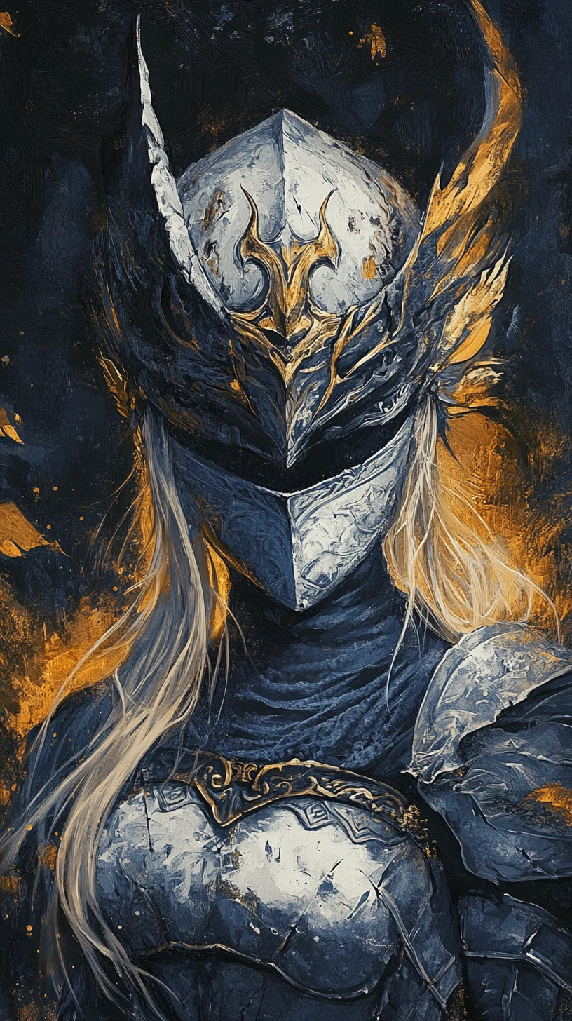 Battered warrior woman with mask in mystical fantasy realm
