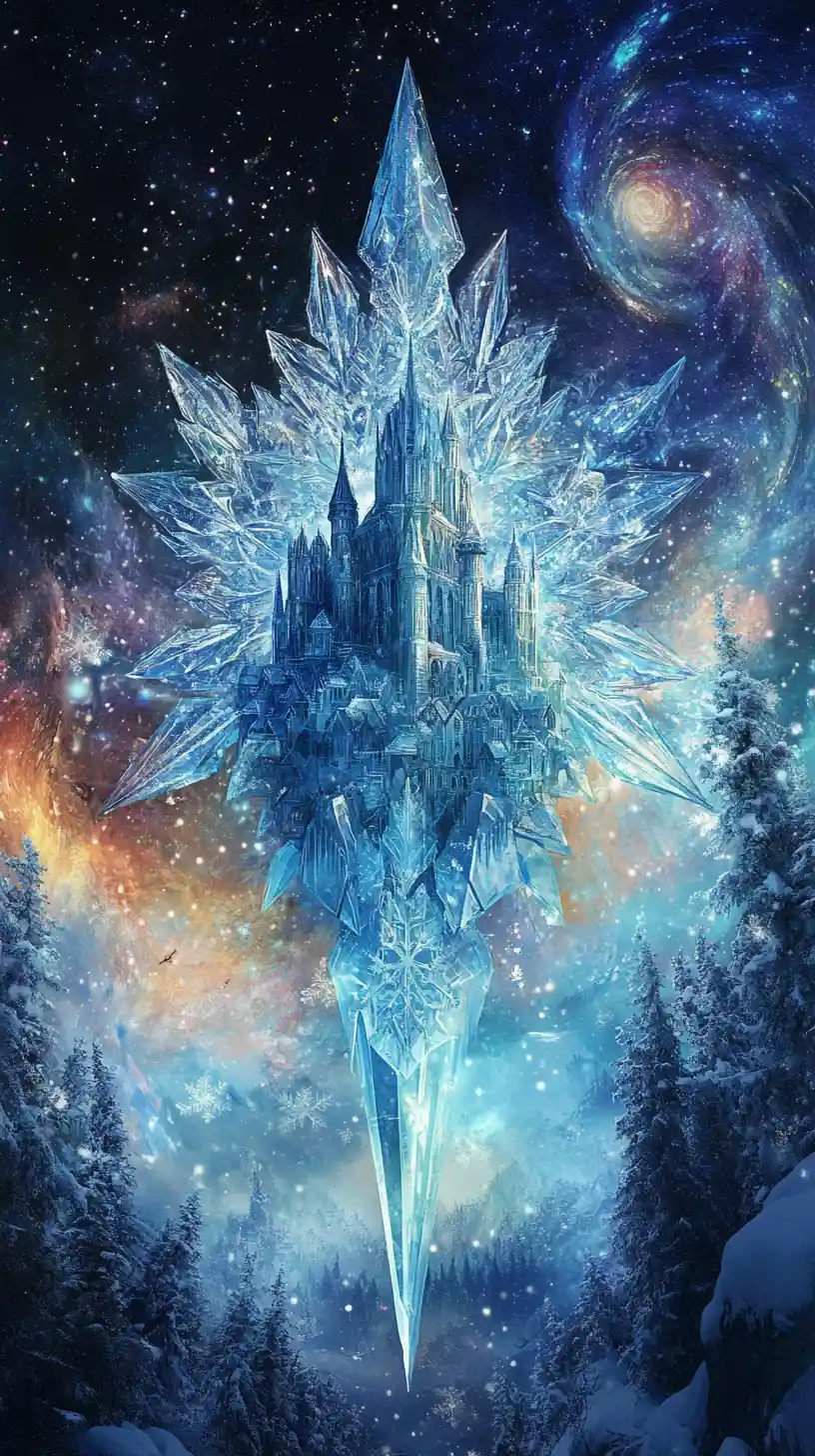 Majestuoso castillo de copo de nieve en un surrealista paisaje invernal de ensueño