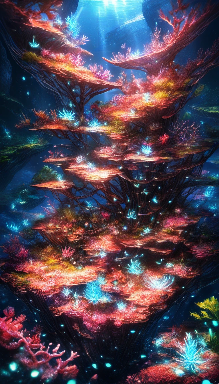 Antiga cidade subaquática brilhando com luz azul bioluminescente