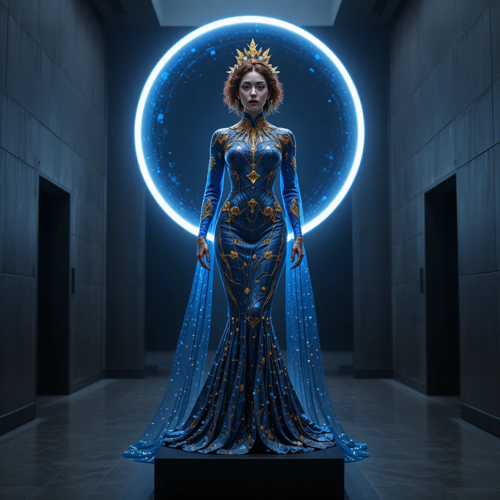 Korean automaton woman on pedestal with glowing cosmic halo