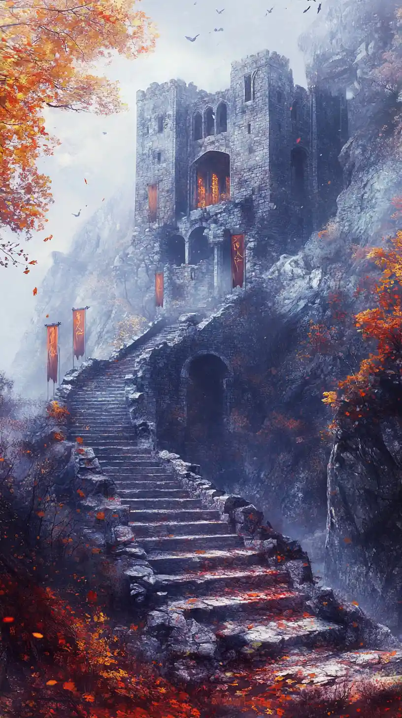 Mist covered mountain fortress amid autumn forest ruins