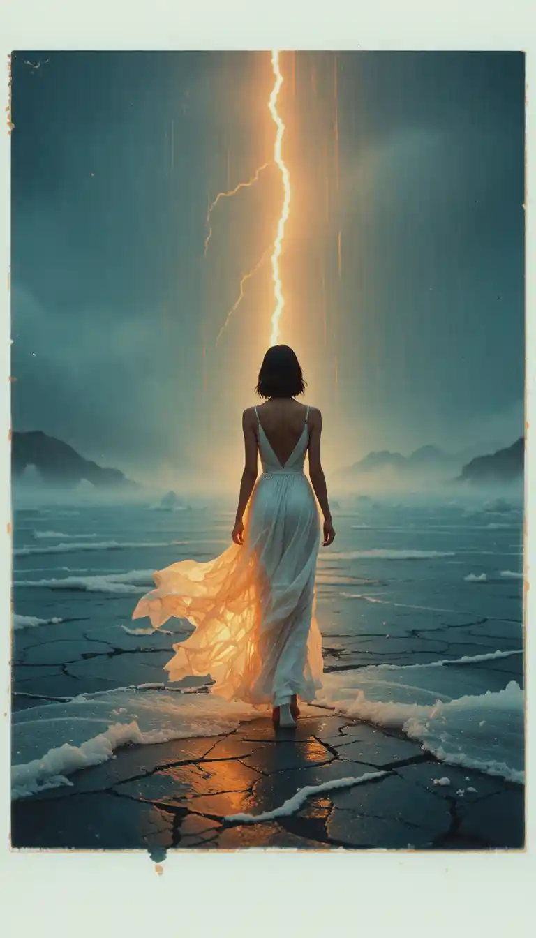 Femme fashion sur glace fissurée sous des éclairs orange flamboyants