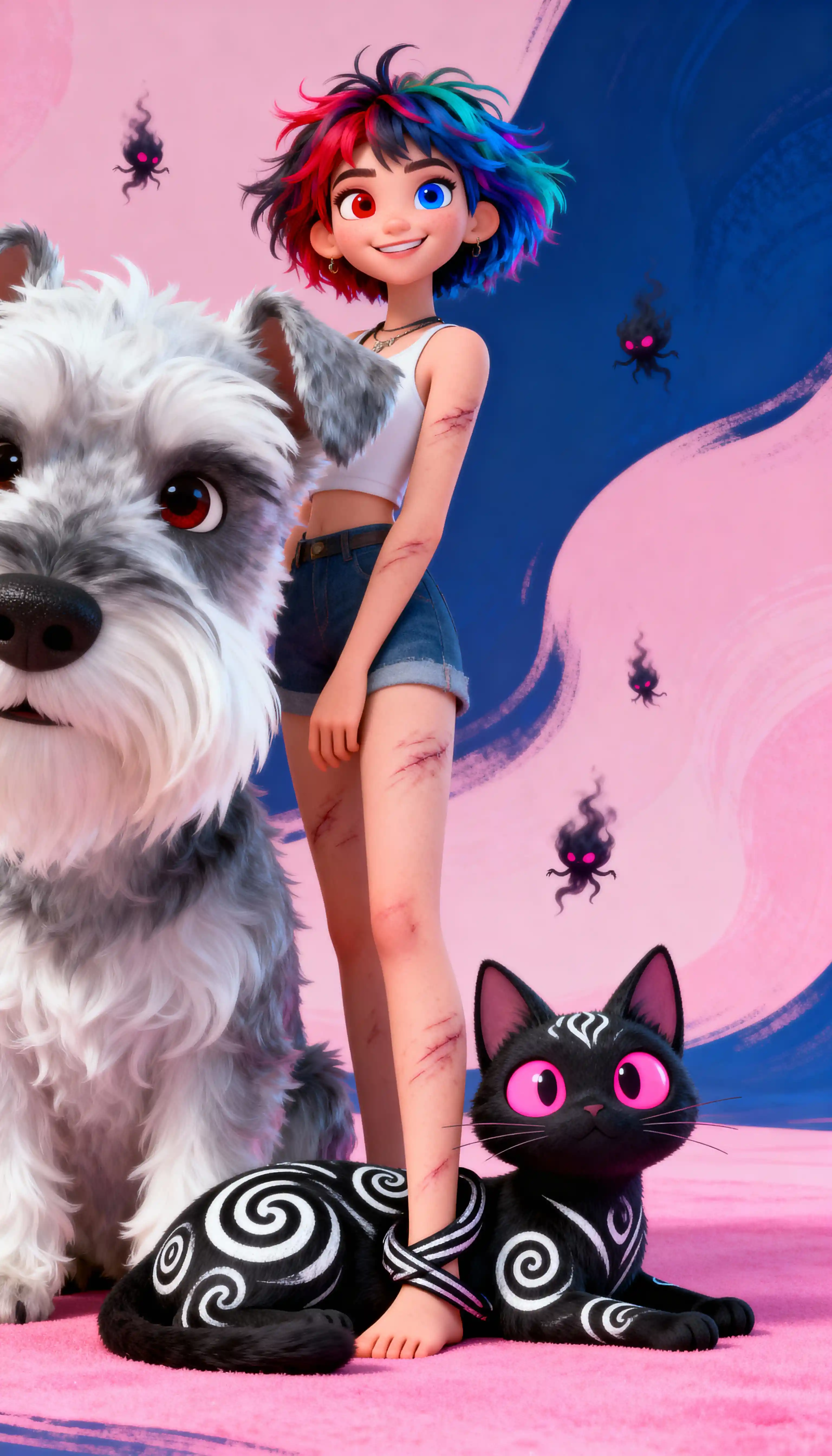 Garota de anime com heterocromia e schnauzer em retrato em close-up