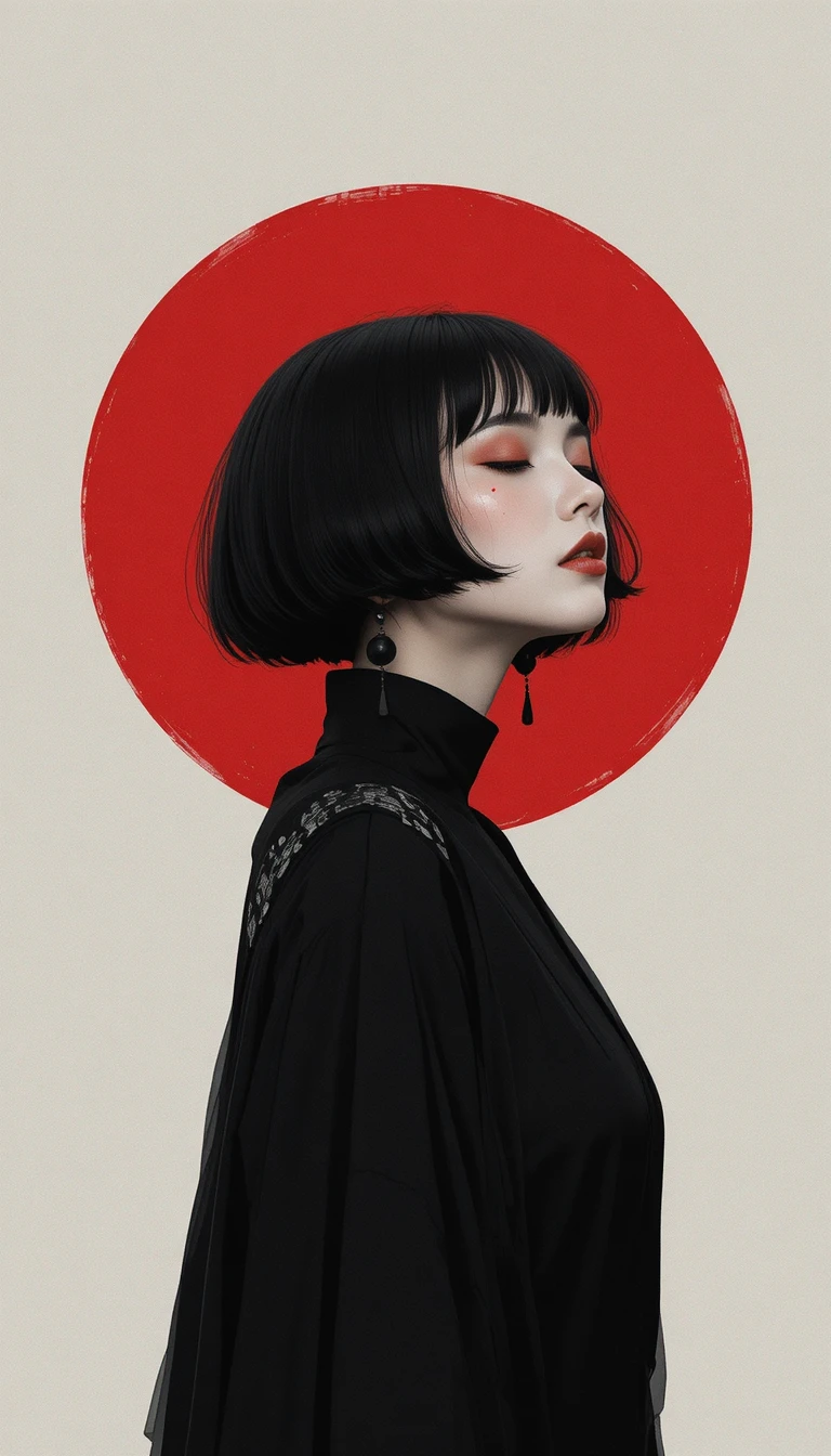 Elegant woman with red circle halo and closed eyes