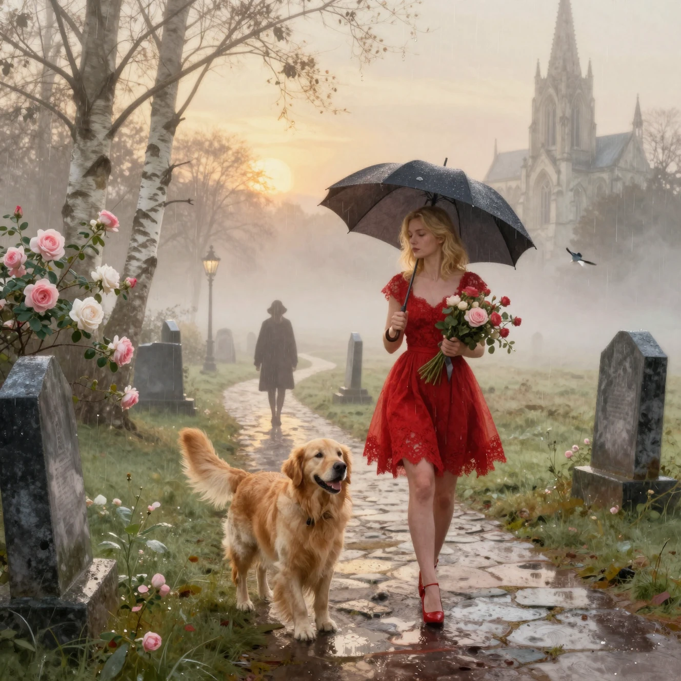 Young woman with dog at misty graveyard hill