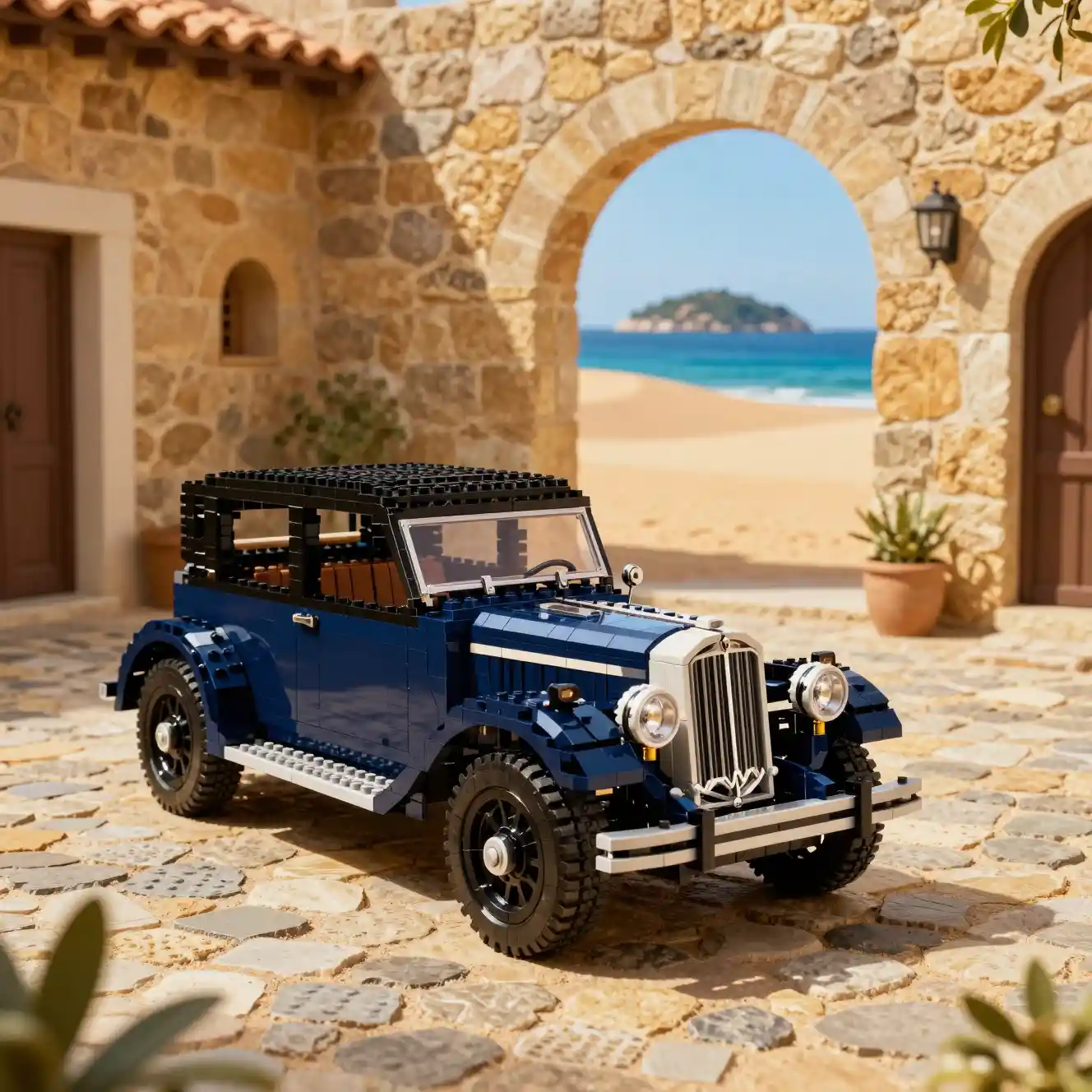 Carro vintage de Lego em um pátio rústico de paralelepípedos