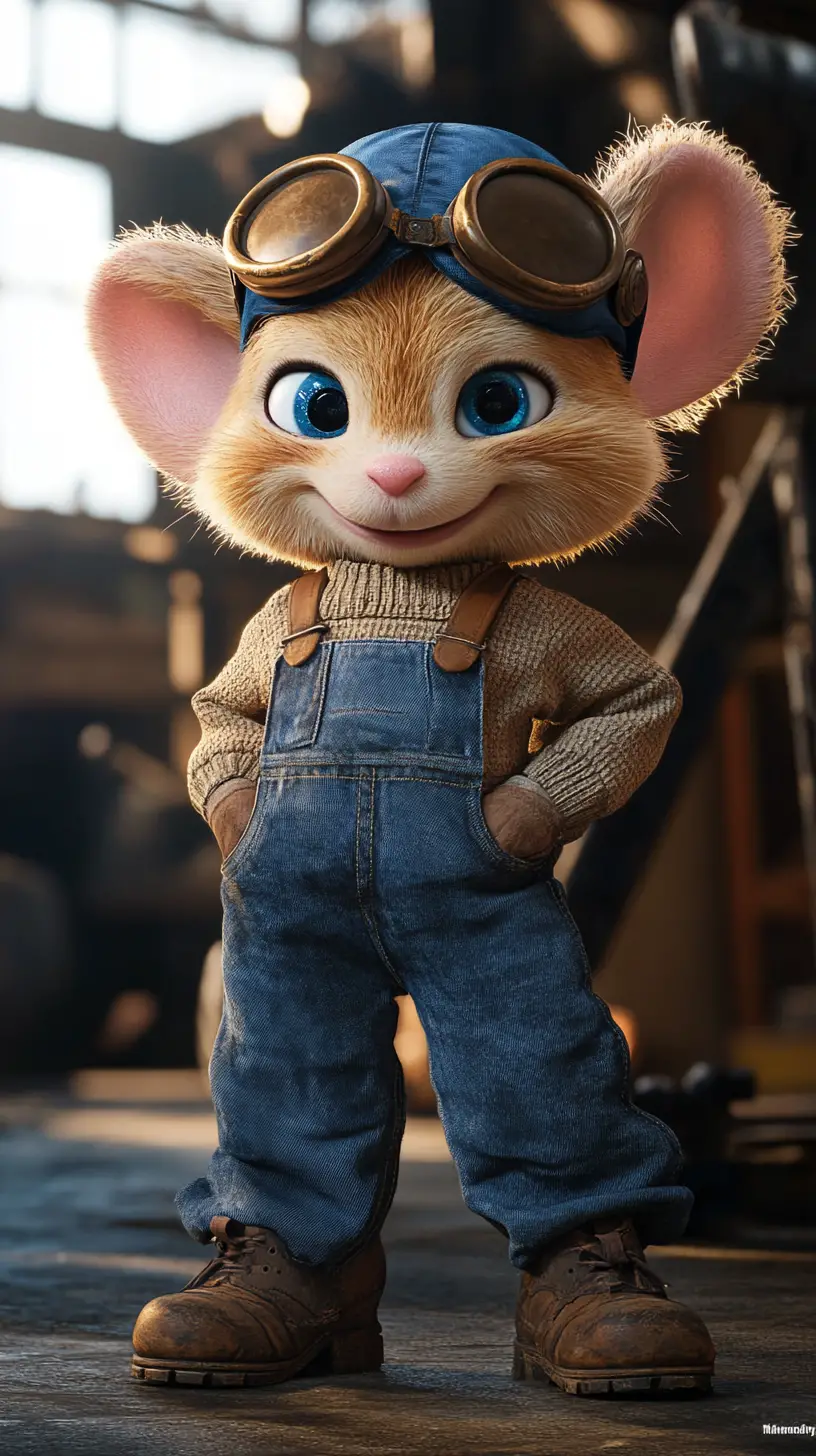Anthropomorpher Maus-Mechaniker in Latzhose aus Denim