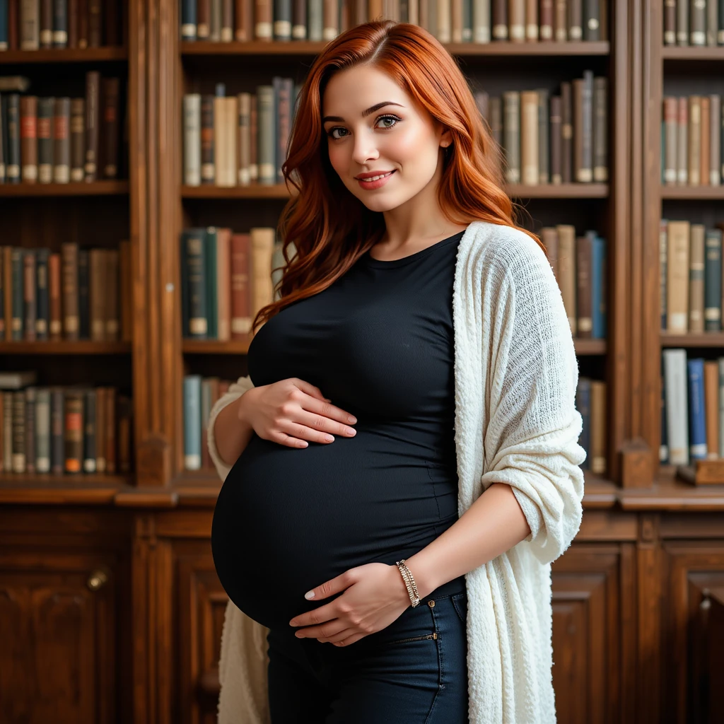Donna incinta con maglietta nera che sorride in una biblioteca accogliente