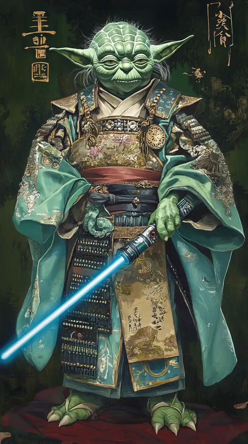 Guerrier samouraï à la lame lumineuse dans un décor mystique vert