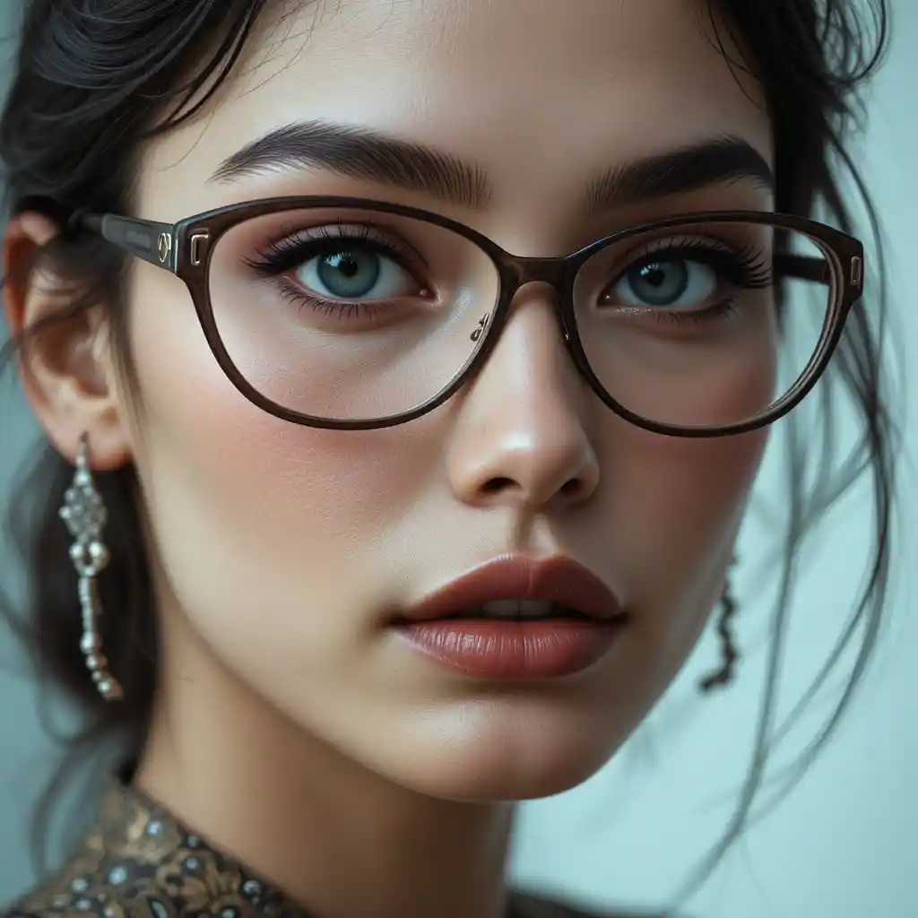Cinematic portrait of a brunette woman in glasses