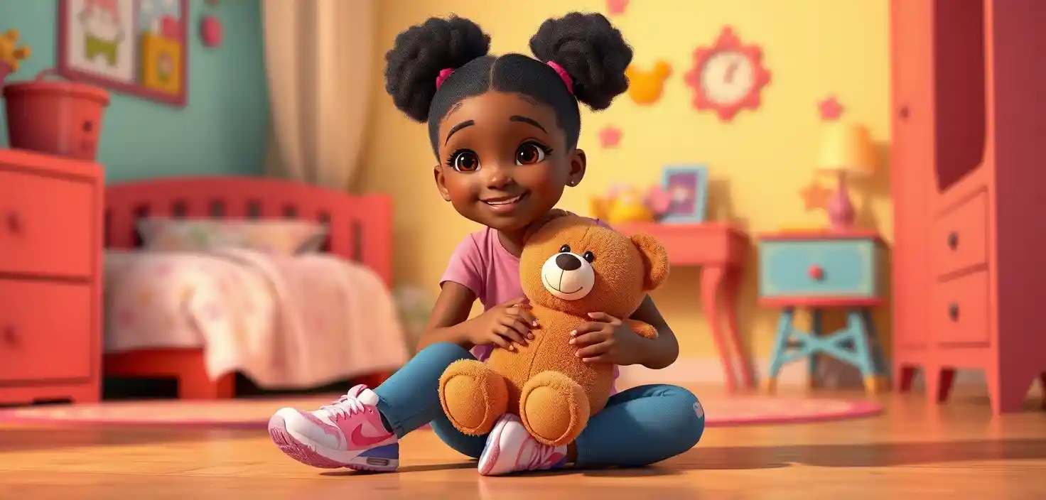 Cute 3D girl with teddy bear in colorful kids bedroom