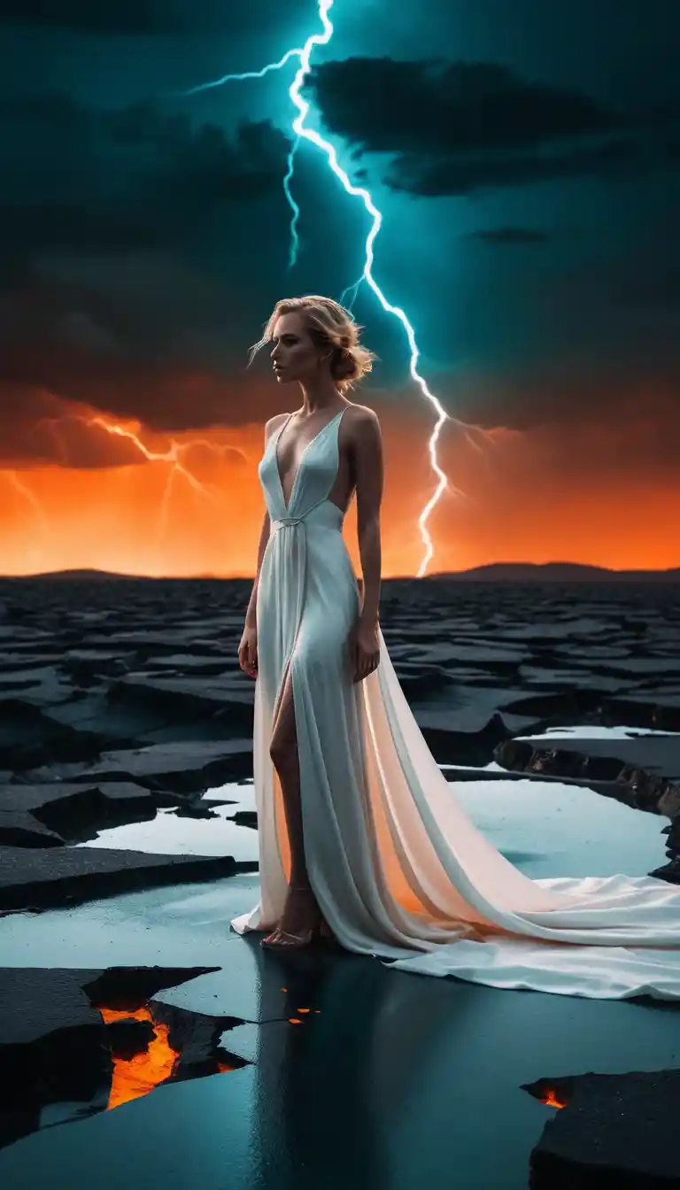 Femme fashion sur glace fissurée sous un éclair orange flamboyant
