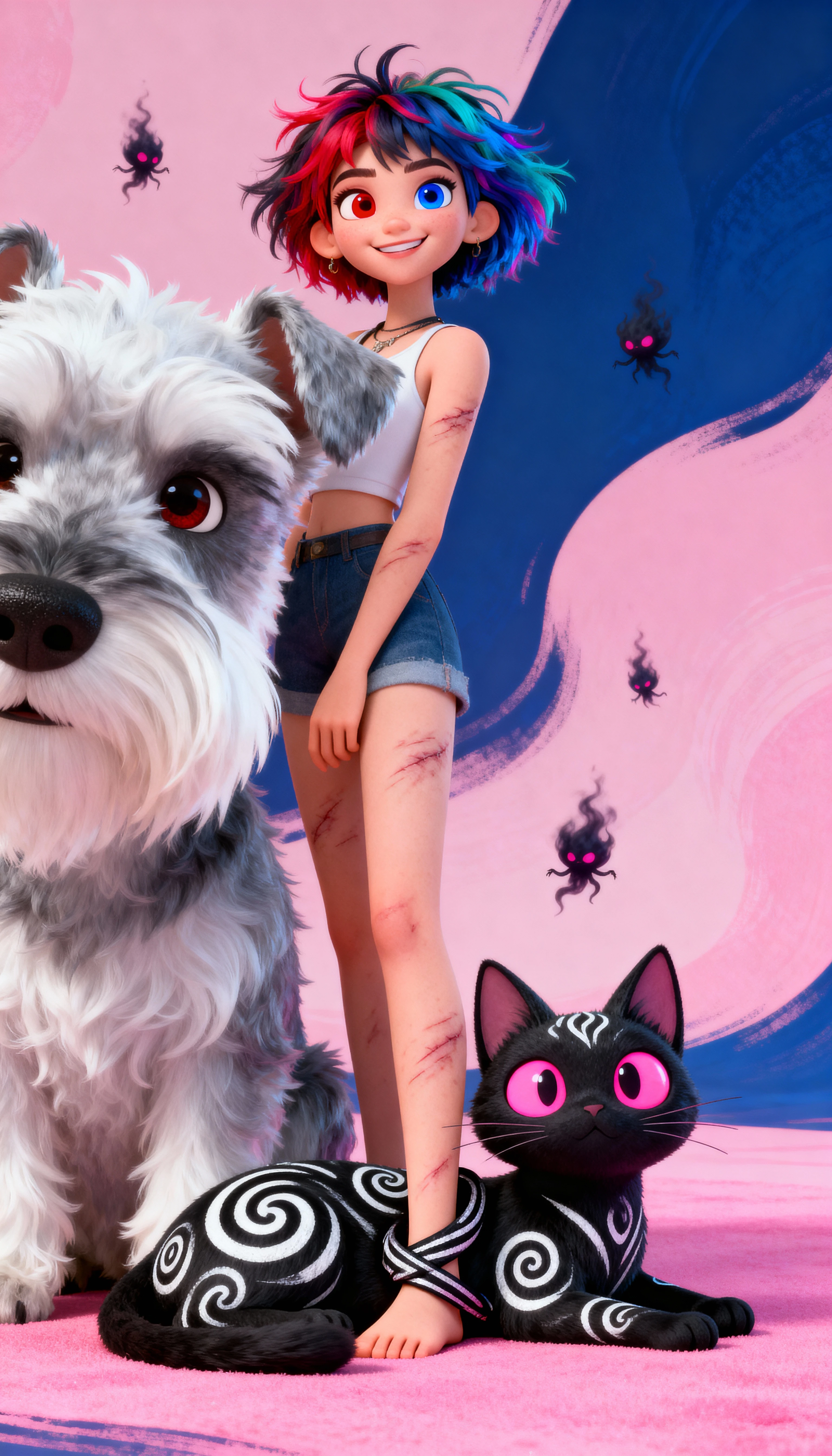 Garota de anime com heterocromia e schnauzer em retrato em close-up