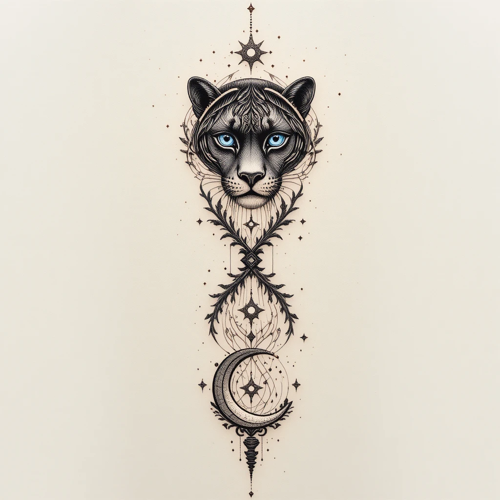 Vertikales Unendlichkeits-Tattoo mit Pantheraugen und himmlischen Symbolen