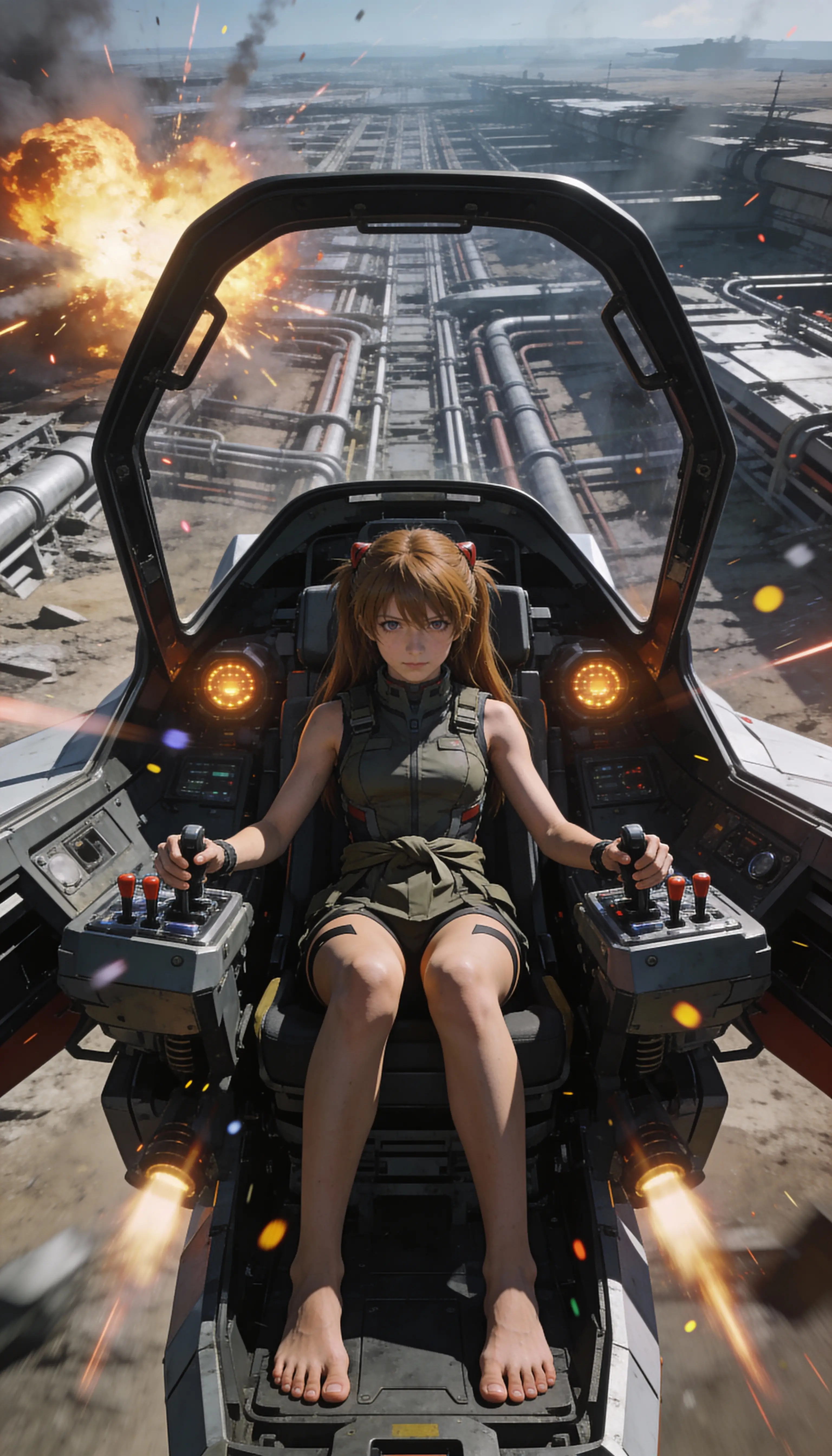 戦闘モードに入るSFコックピットの女性パイロット