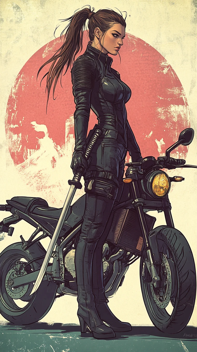 Guerreira com katana montada em motocicleta futurista