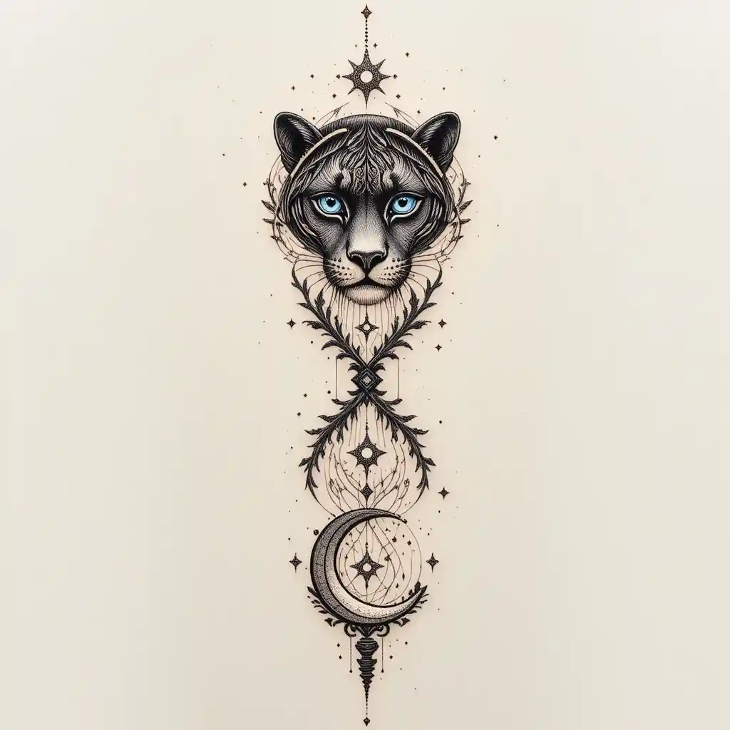 Vertikales Unendlichkeits-Tattoo mit Pantheraugen und himmlischen Symbolen