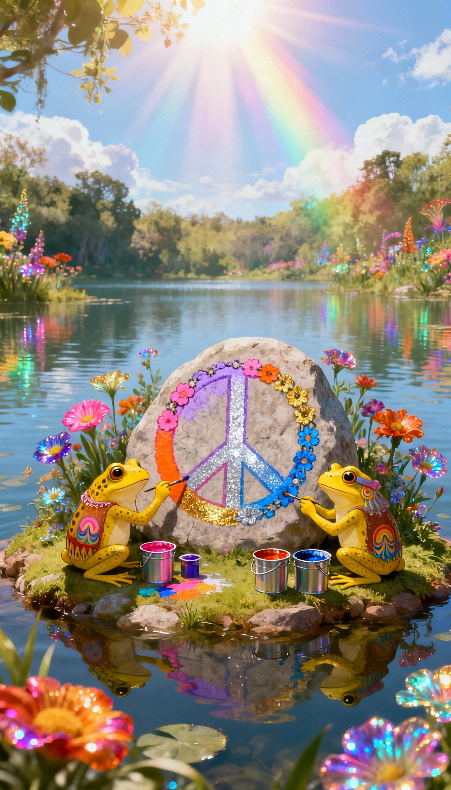 Sapos hippies pintando um colorido símbolo da paz em uma ilha