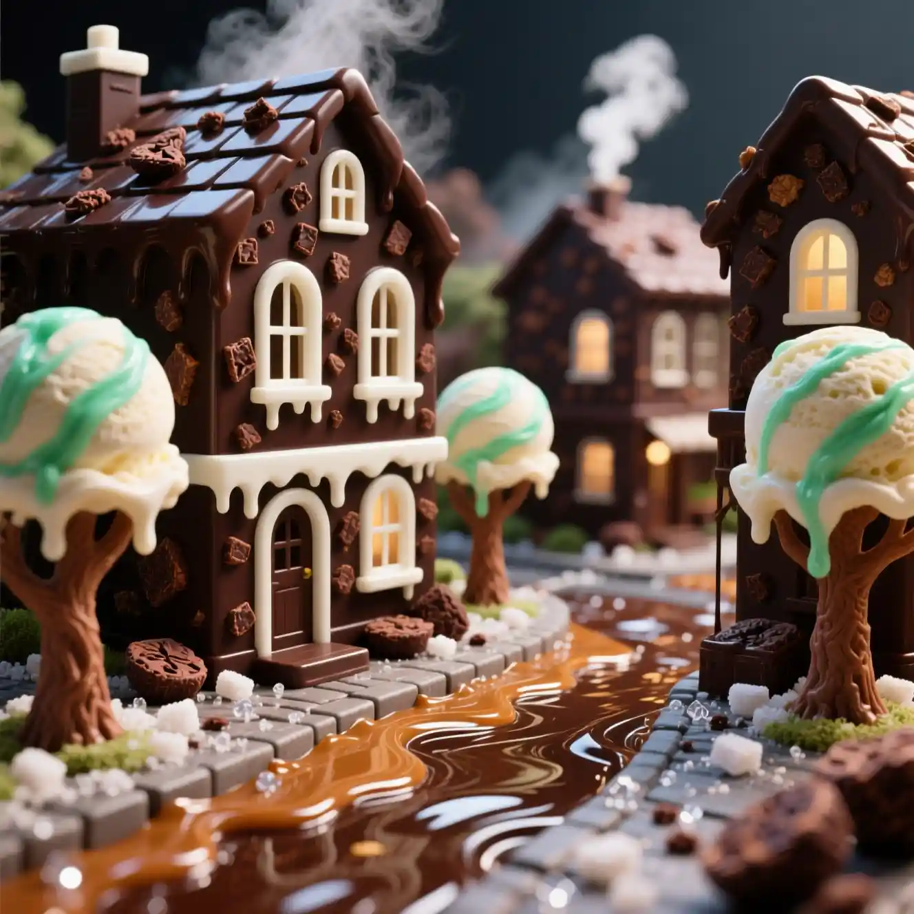 Vista macro de uma cidade fantástica de sobremesas de chocolate amargo