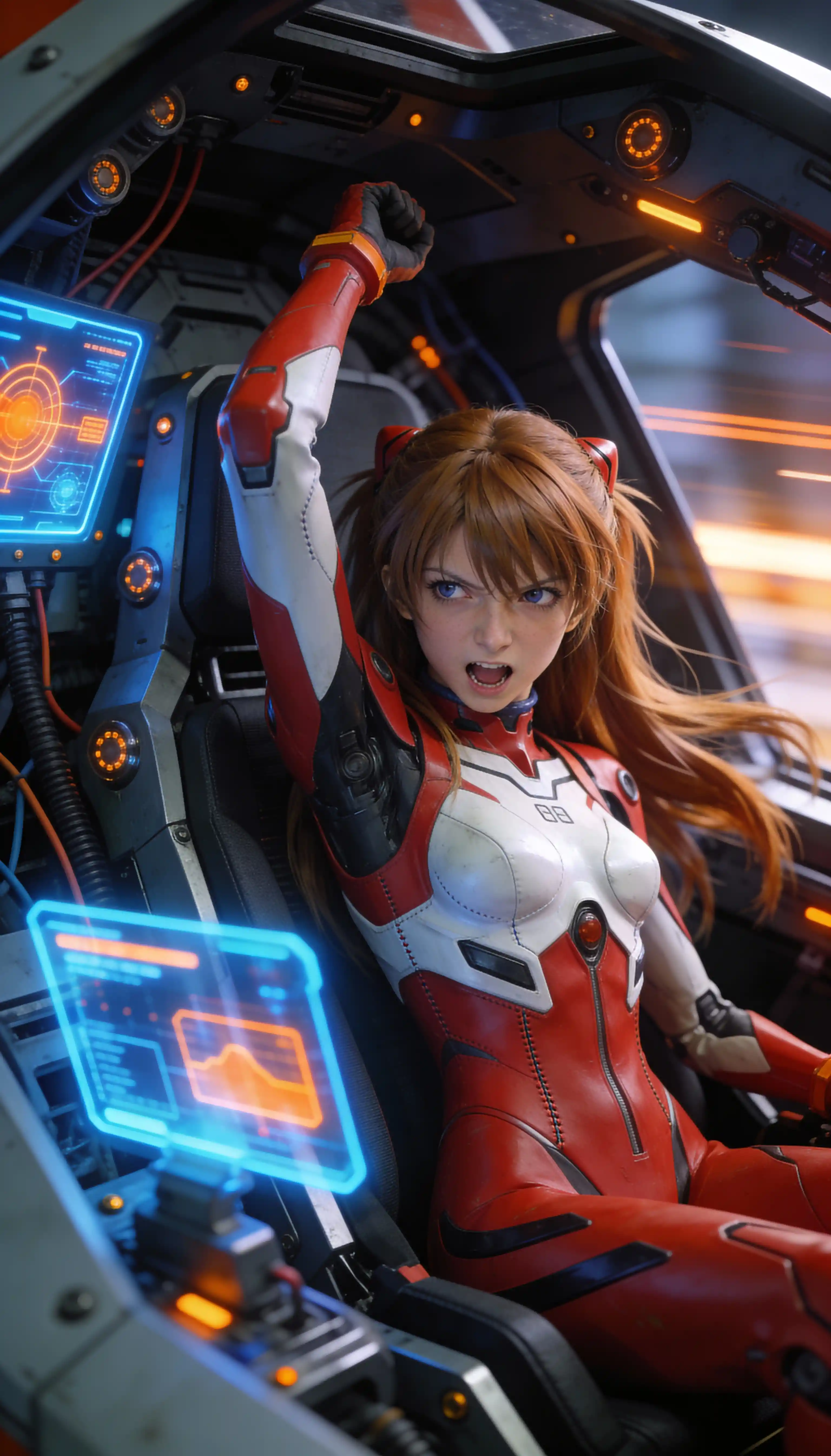Cinematic 3D portrait of a woman in a mechanical seat