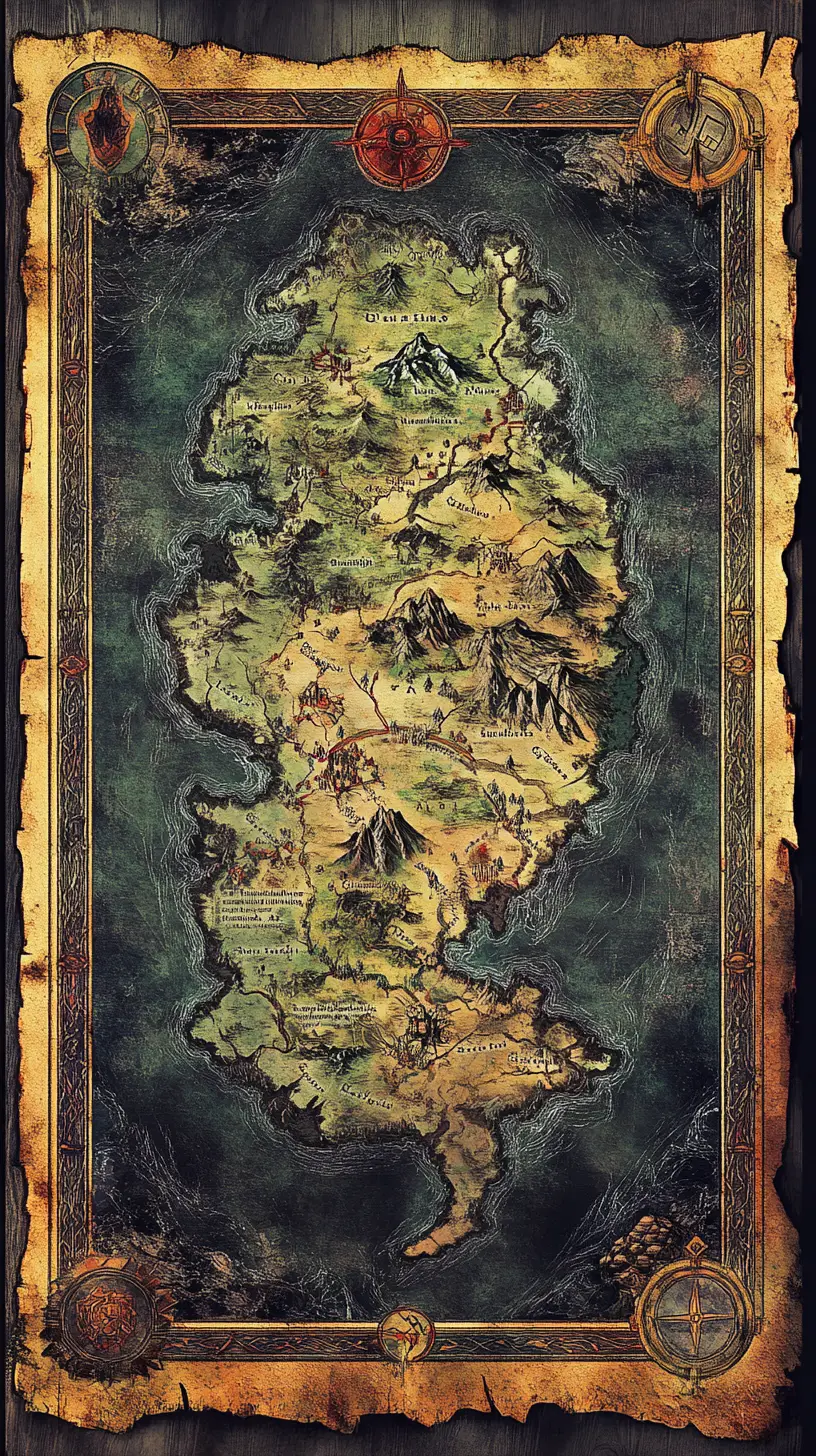 中世風のディテールが描かれた幻想的な羊皮紙の世界地図