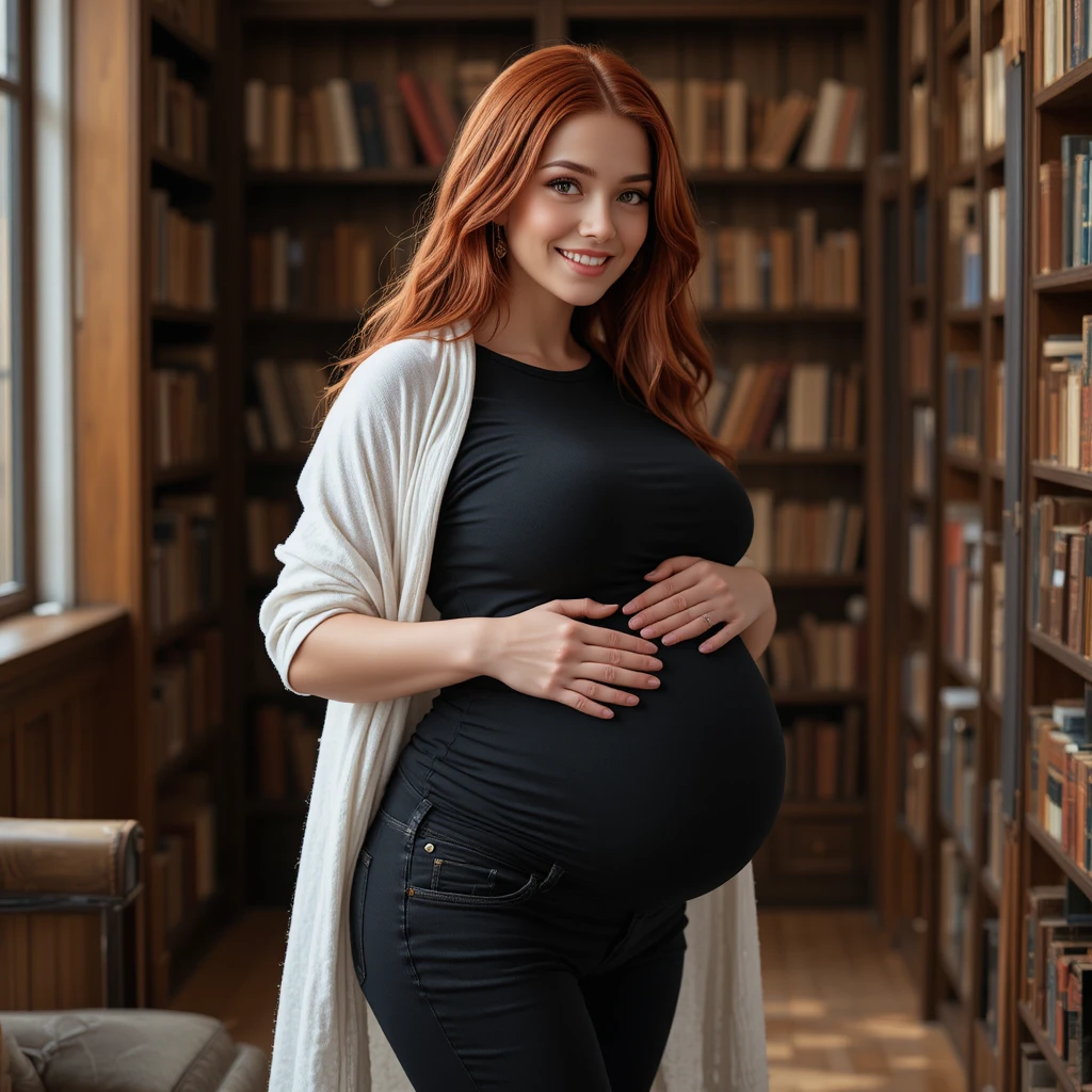 Mulher grávida de camiseta preta em uma biblioteca aconchegante