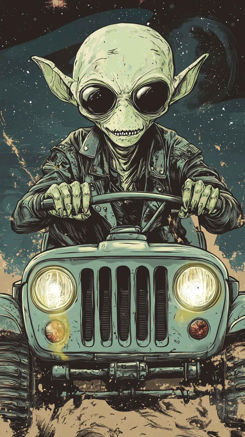 Alien mit Sonnenbrille fährt einen Jeep direkt auf dich zu