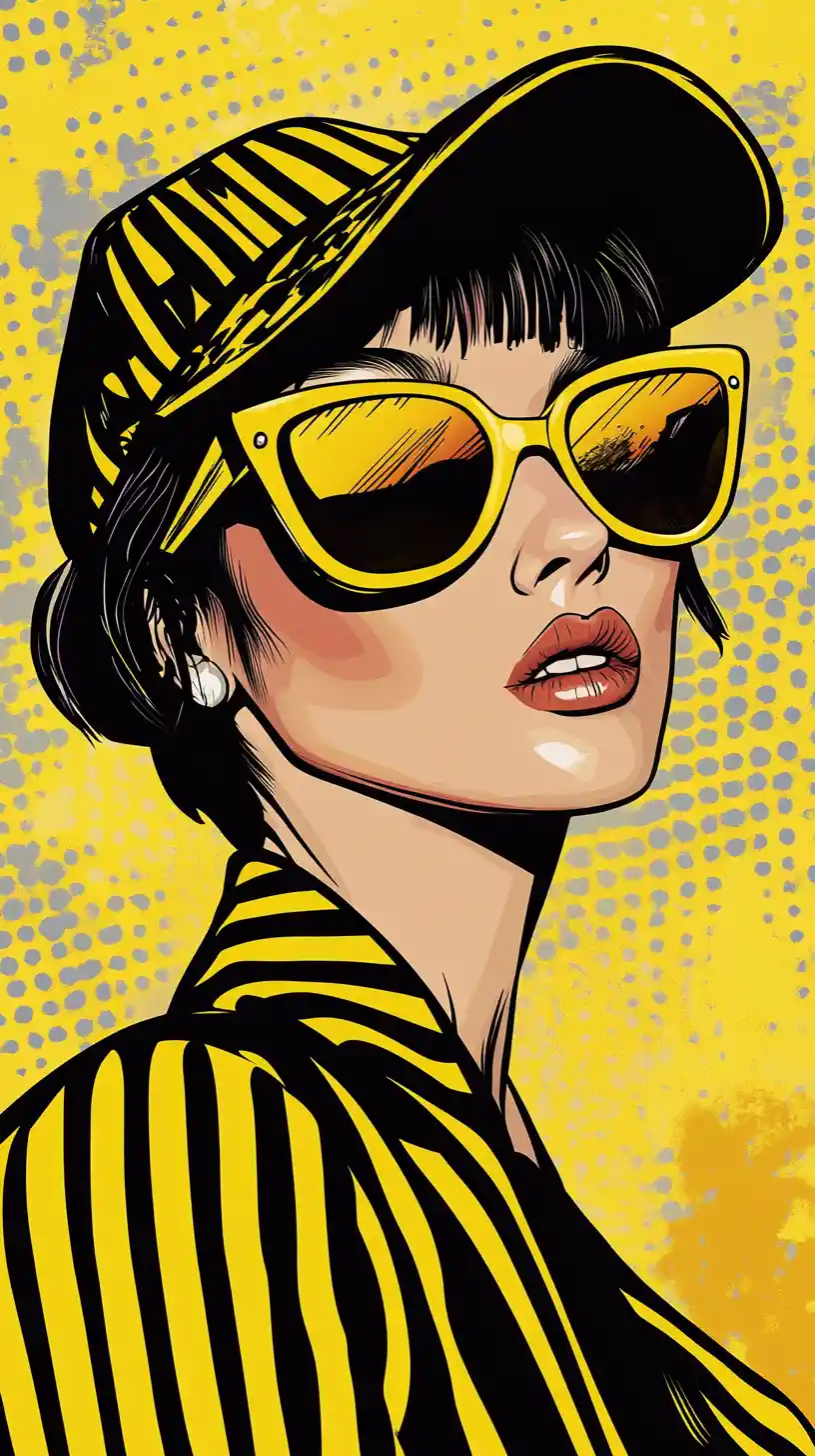 Donna elegante con blazer giallo a righe in ritratto pop art