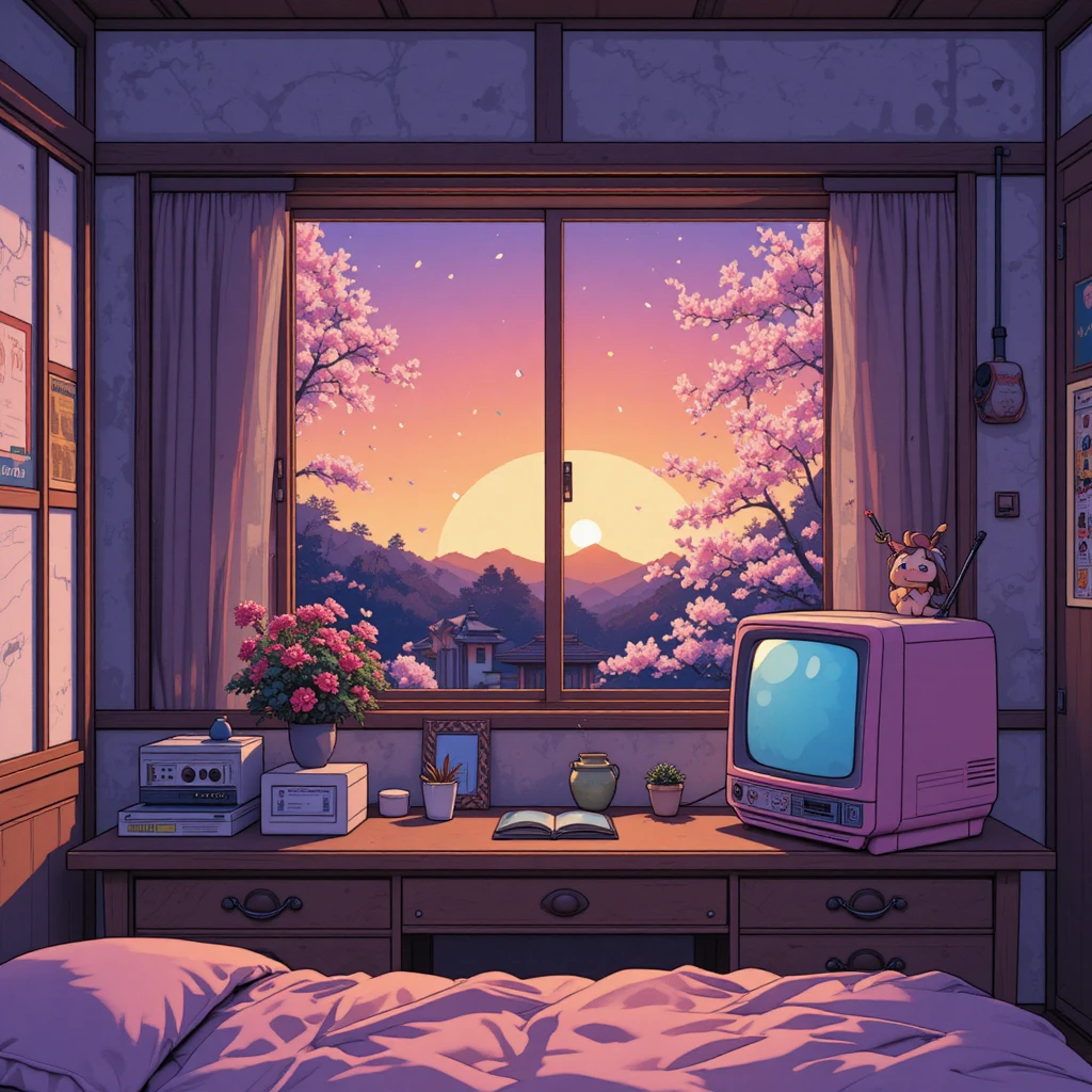 Cozy Japanese bedroom with retro anime desk scene at sunset