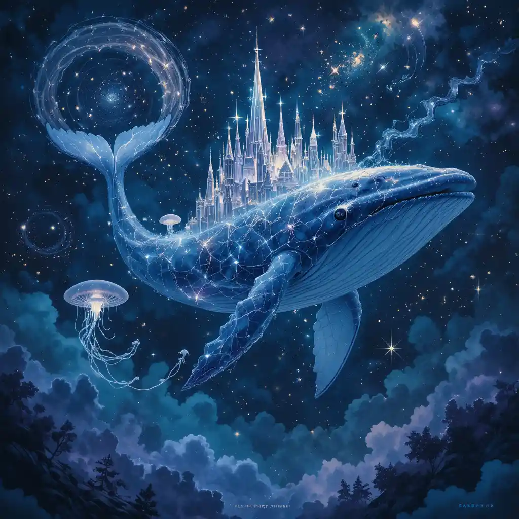 Baleia cósmica derivando sobre uma cidade celestial luminosa