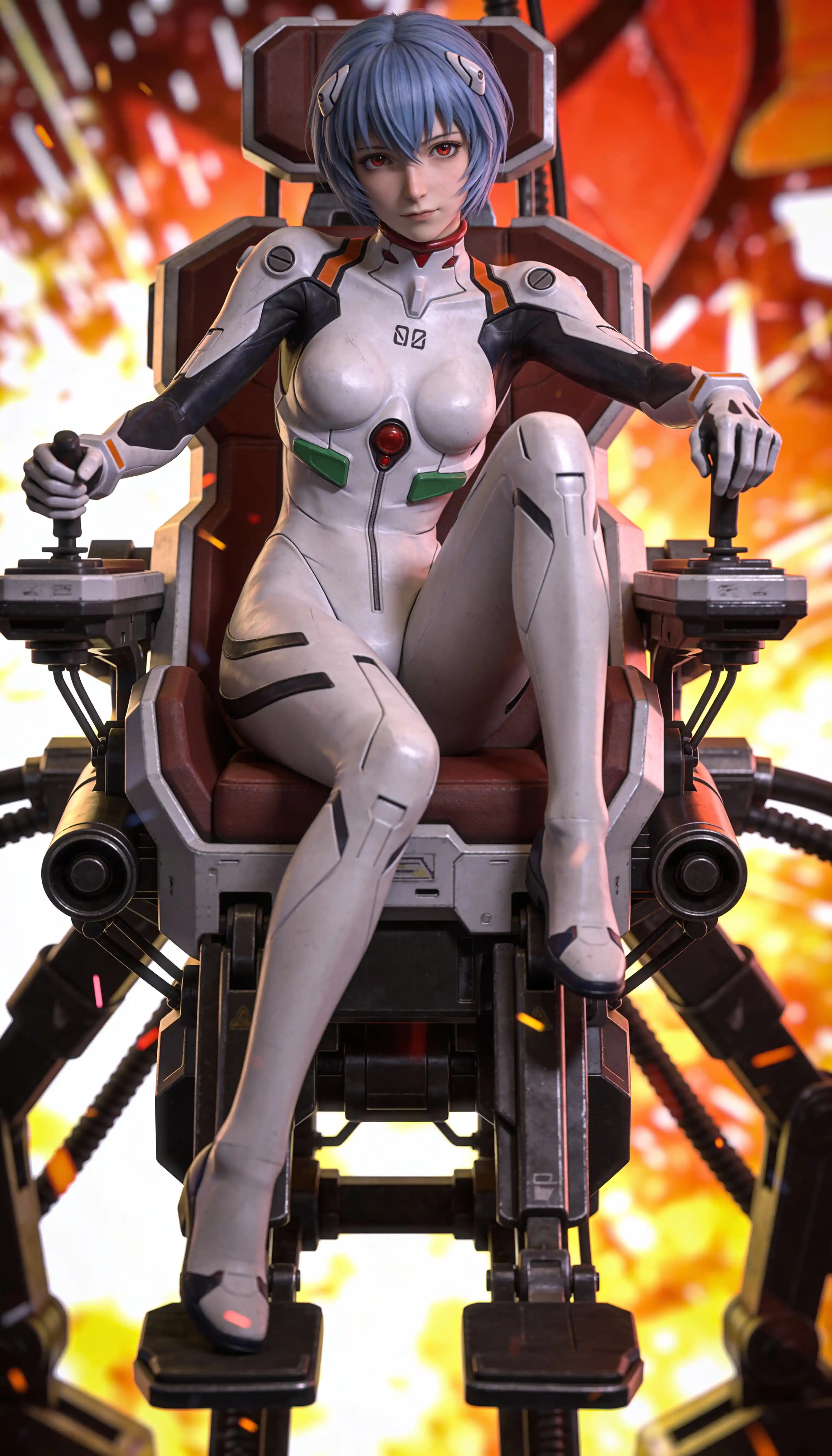 Donna anime dinamica in una cabina meccanica sci-fi